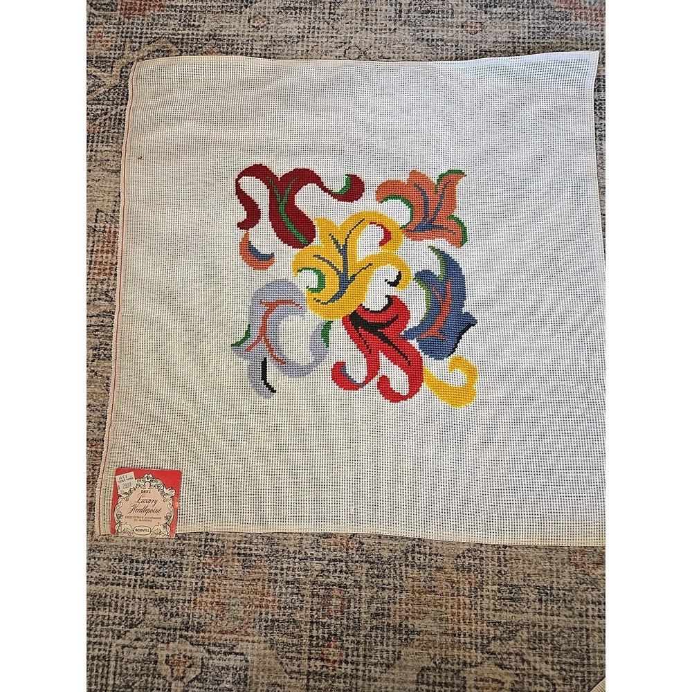 Vintage Dritz Folk Art Floral Needlepoint Canvas Preworked 1970s 5156-4 21x21